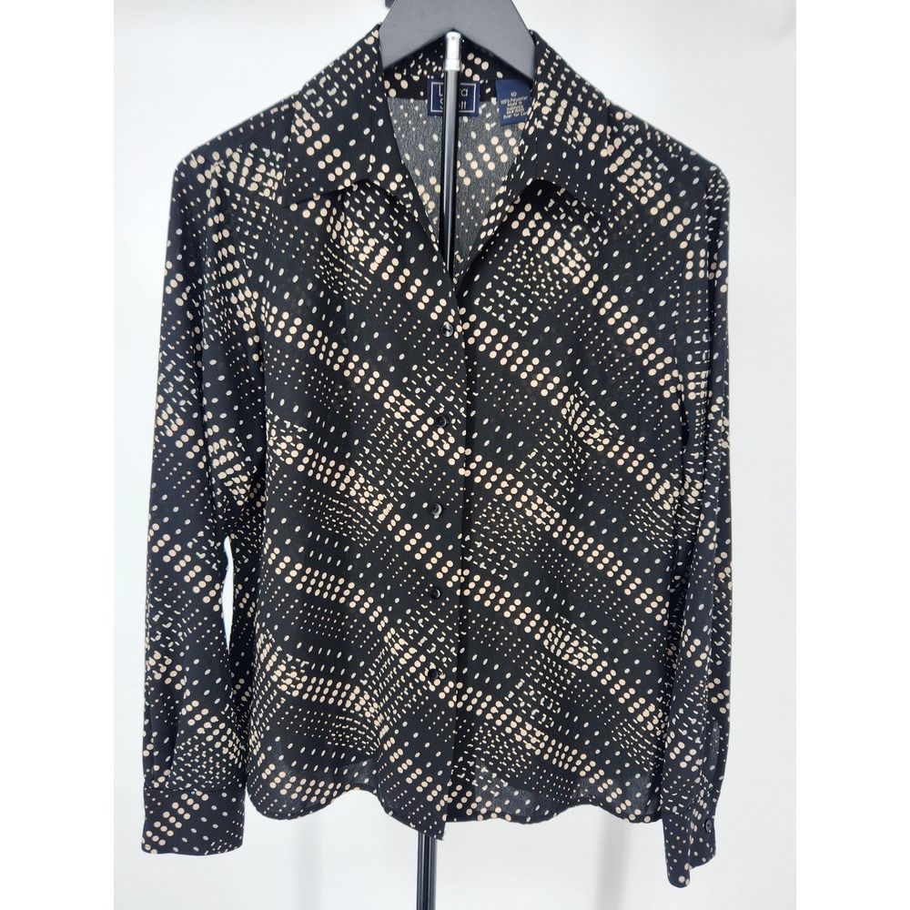 Laura Scott Women Black Tan Geometric Dot Button Down Blouse Size 10 Long Sleeve